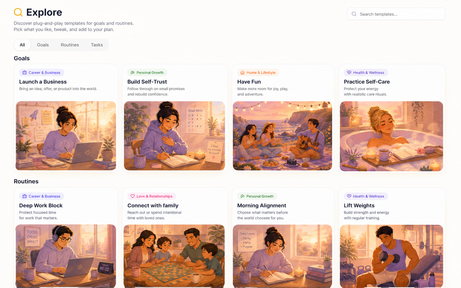 Explore template library with plug-and-play goals, routines, and tasks